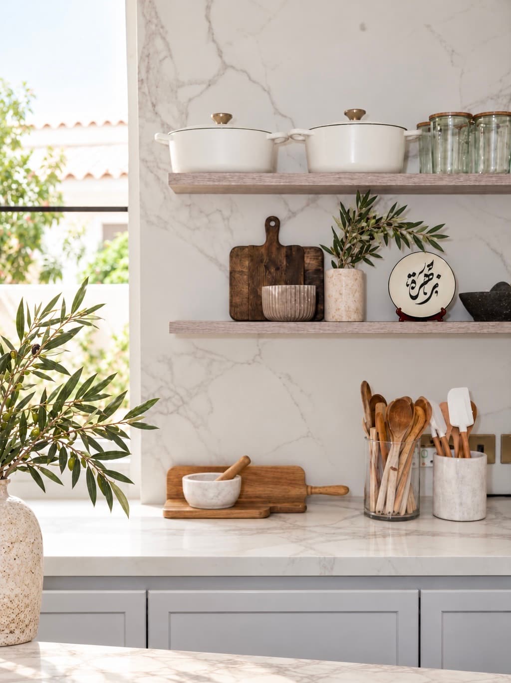 Open kitchen shelves on a marble wall with cream casserole pots, glass jars, wooden boards, olive branches and a plate with Zahra in Arabic calligraphy.