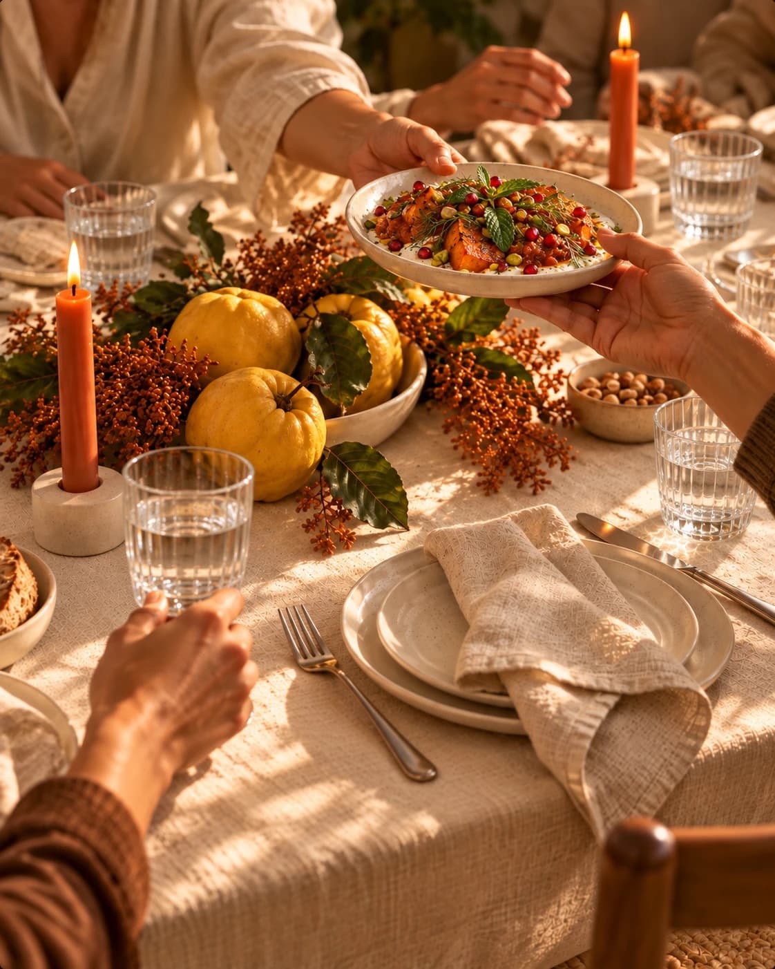 Hands passing a plate of roasted squash with pomegranate and herbs across a candlelit table set with quinces, linen napkins and glasses of water.