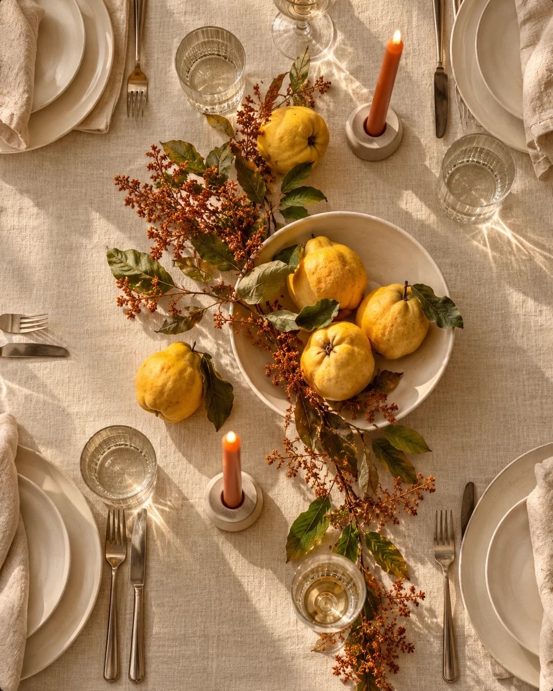 A long table set for a gathering, seen from above, with a bowl of quinces, autumn branches and orange candles down the middle.